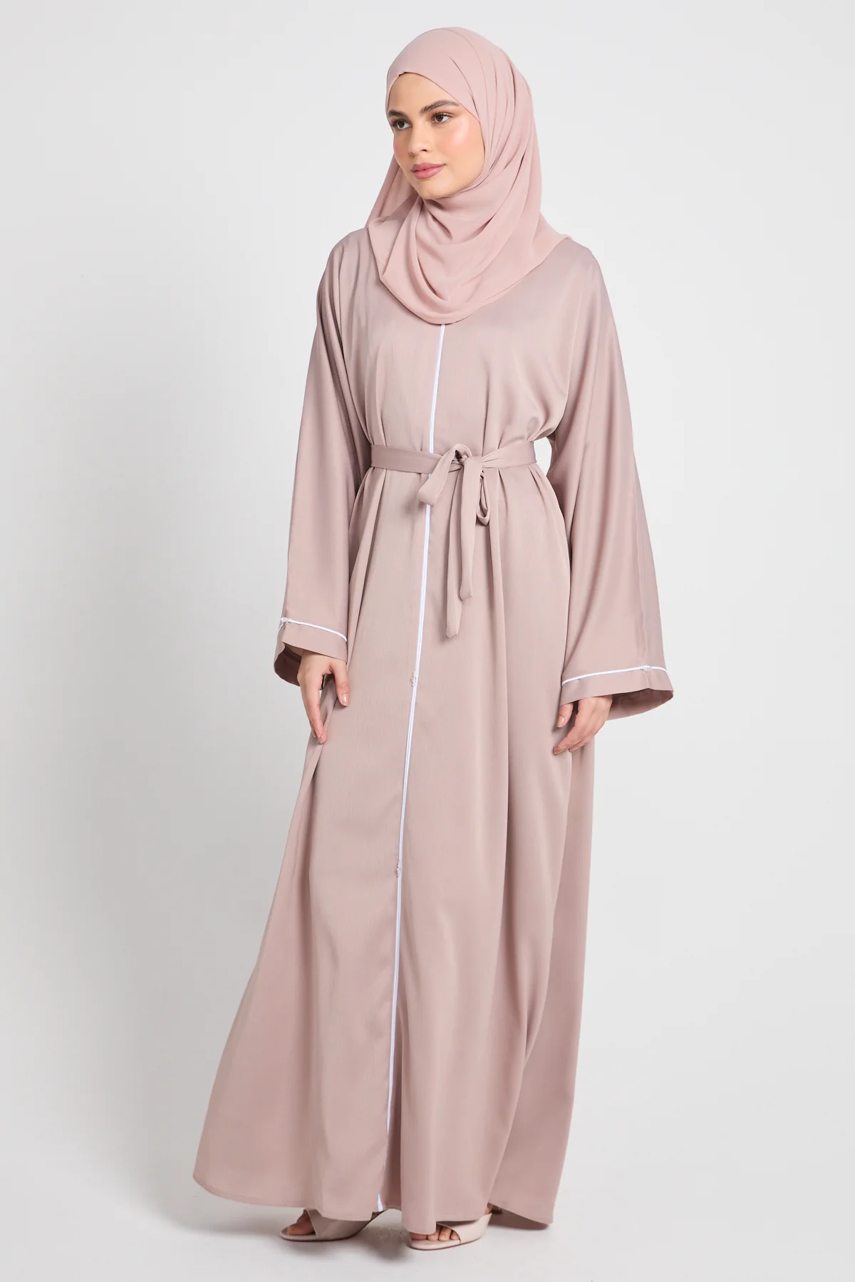 Closed Textured Abaya with Dainty Detailing - Blush Sand - Image 7