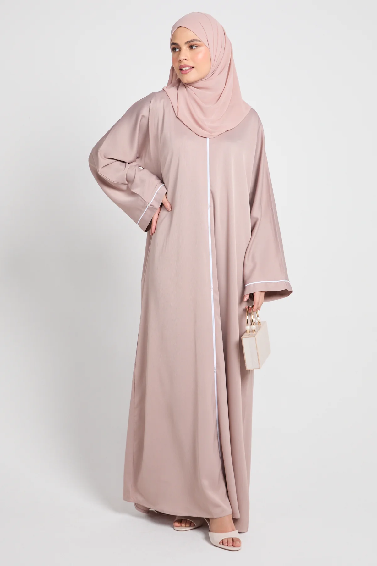 Closed Textured Abaya with Dainty Detailing - Blush Sand - Image 9