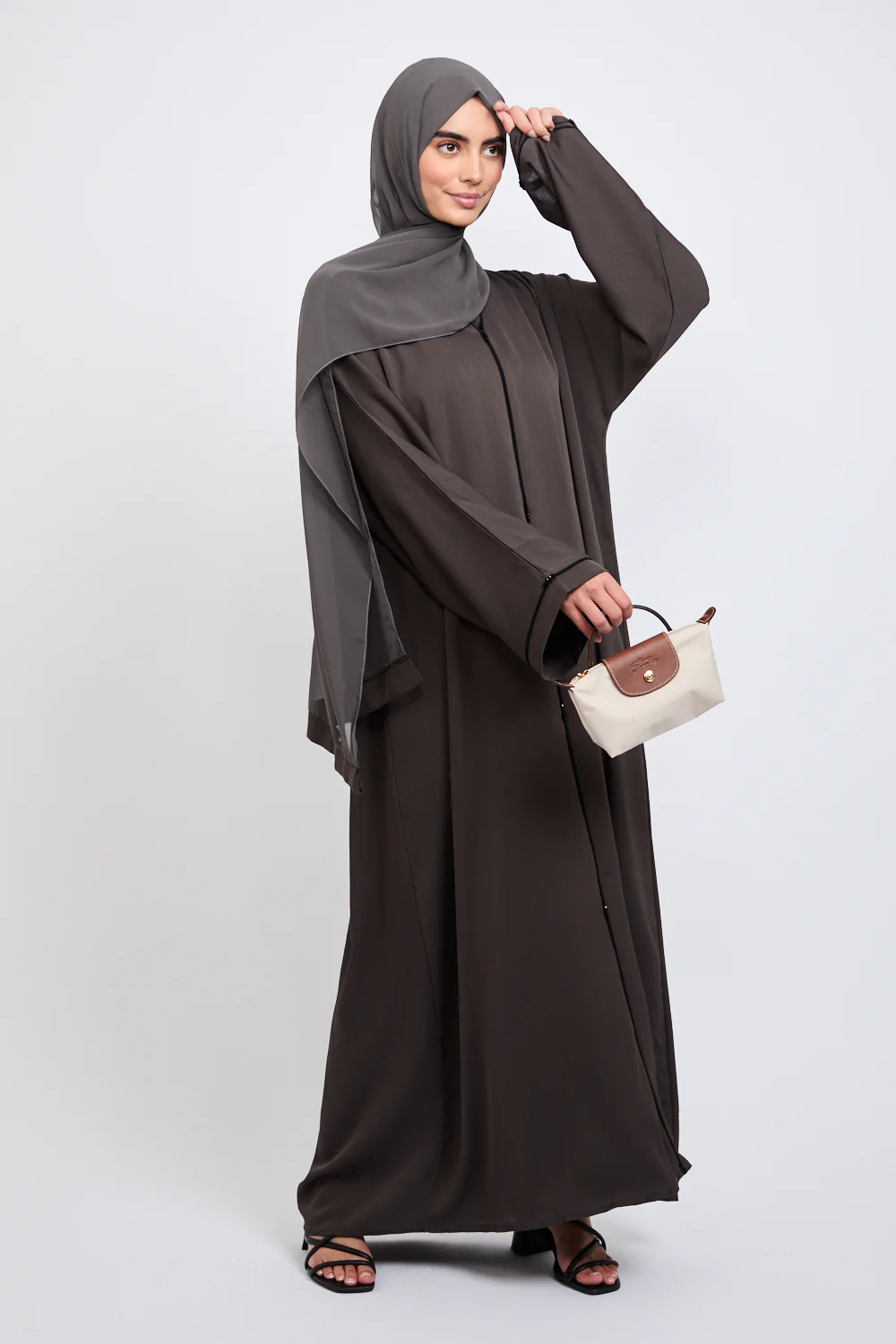 Closed Textured Abaya with Dainty Detailing - Charcoal Brown - Image 3