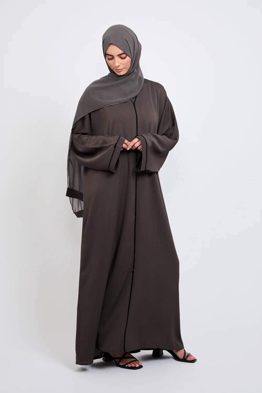 Closed Textured Abaya with Dainty Detailing - Charcoal Brown - Image 6