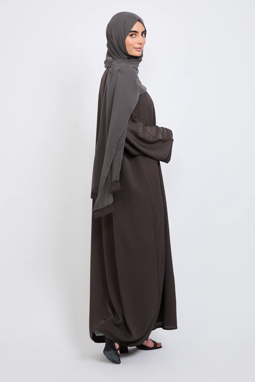 Closed Textured Abaya with Dainty Detailing - Charcoal Brown - Image 8