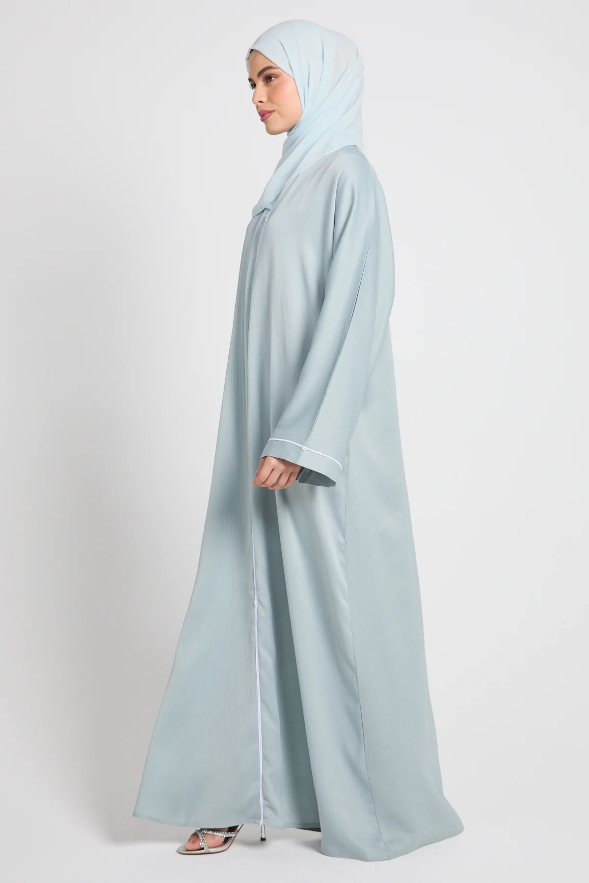 Closed Textured Abaya with Dainty Detailing - Dusky Powder Blue - Image 3