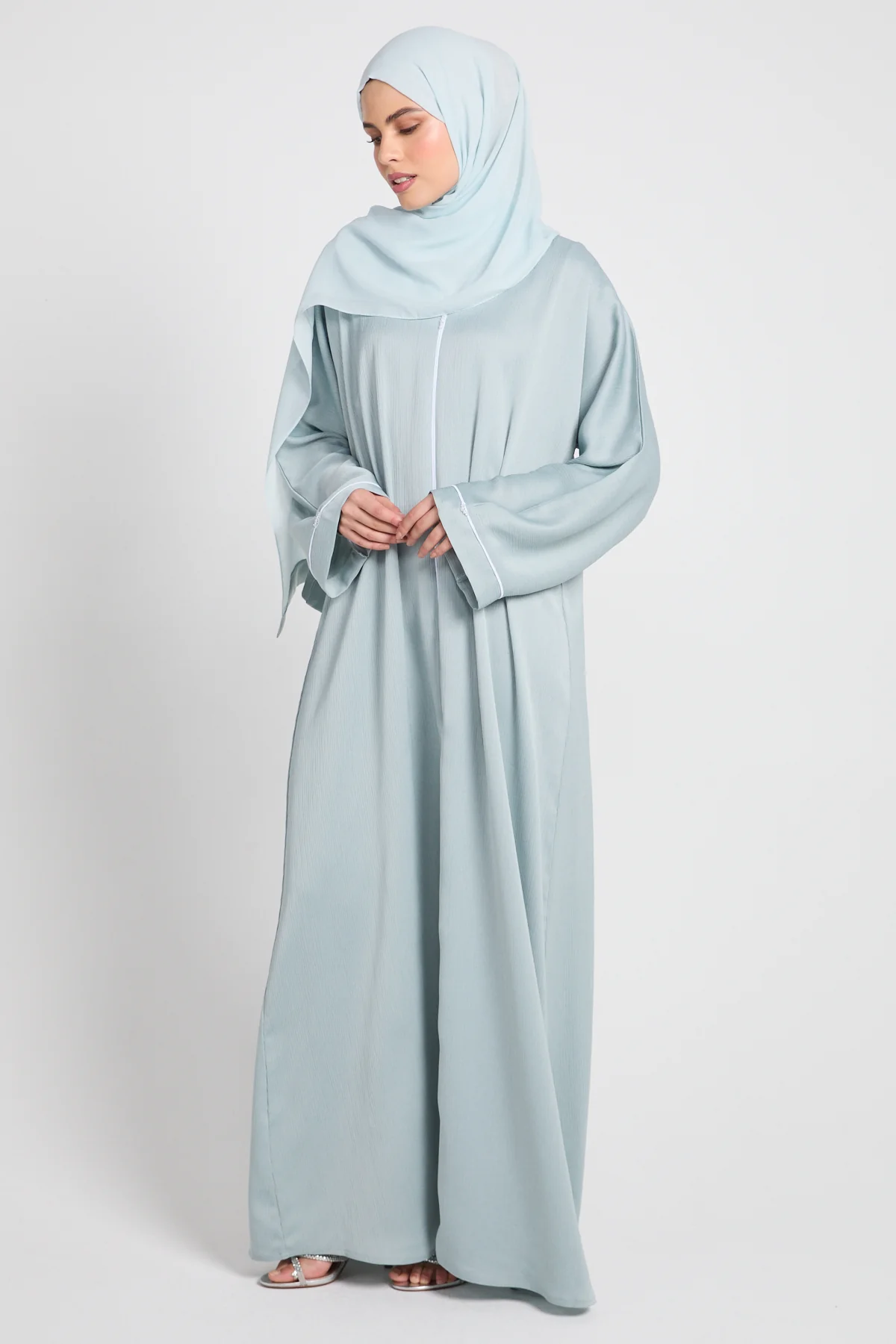 Closed Textured Abaya with Dainty Detailing - Dusky Powder Blue - Image 8