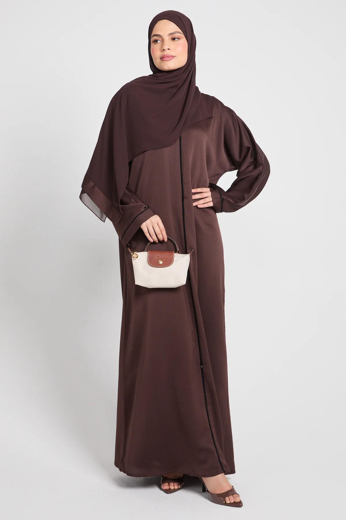 Closed Textured Abaya with Dainty Detailing - Espresso
