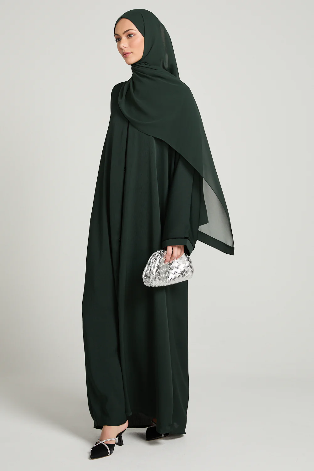 Closed Textured Abaya with Dainty Detailing - Forest Green
