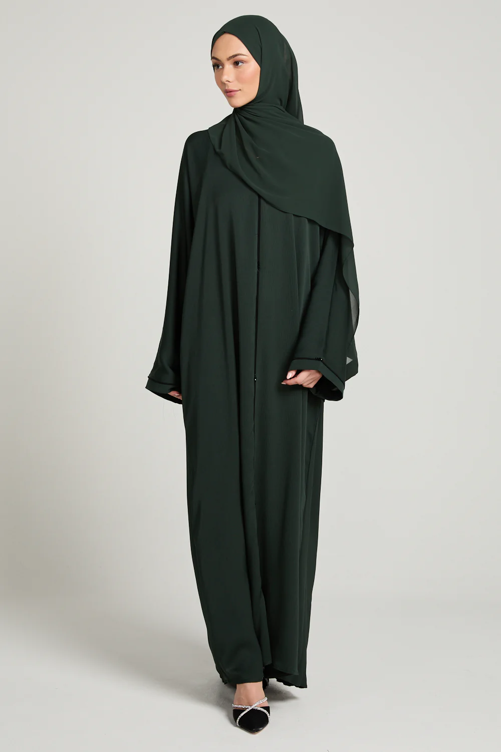 Closed Textured Abaya with Dainty Detailing - Forest Green - Image 3
