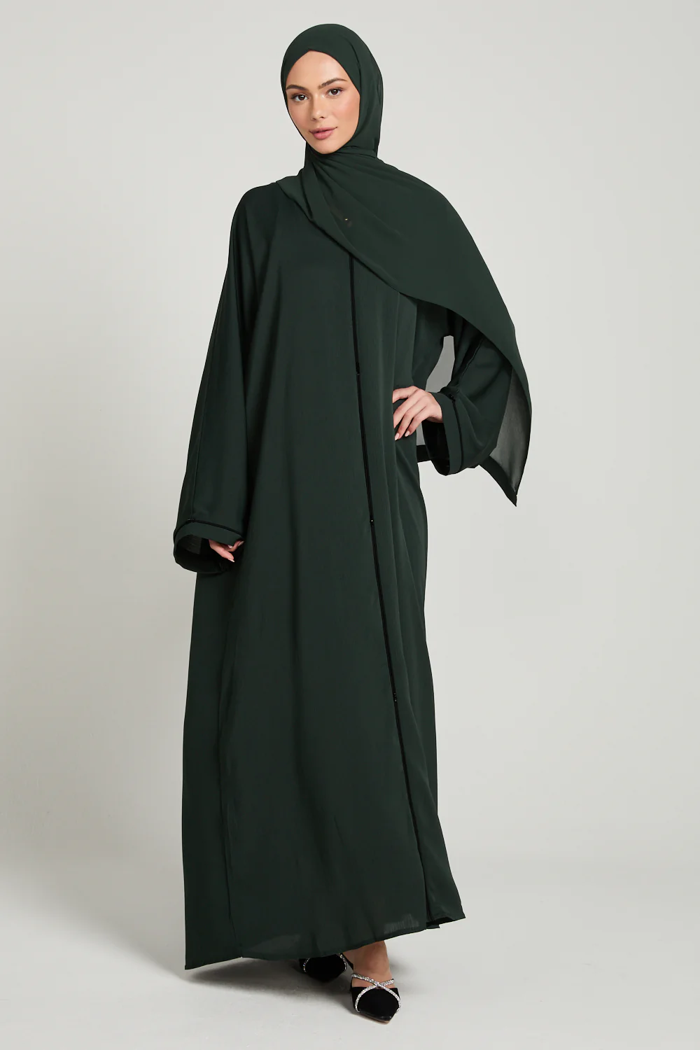 Closed Textured Abaya with Dainty Detailing - Forest Green - Image 4