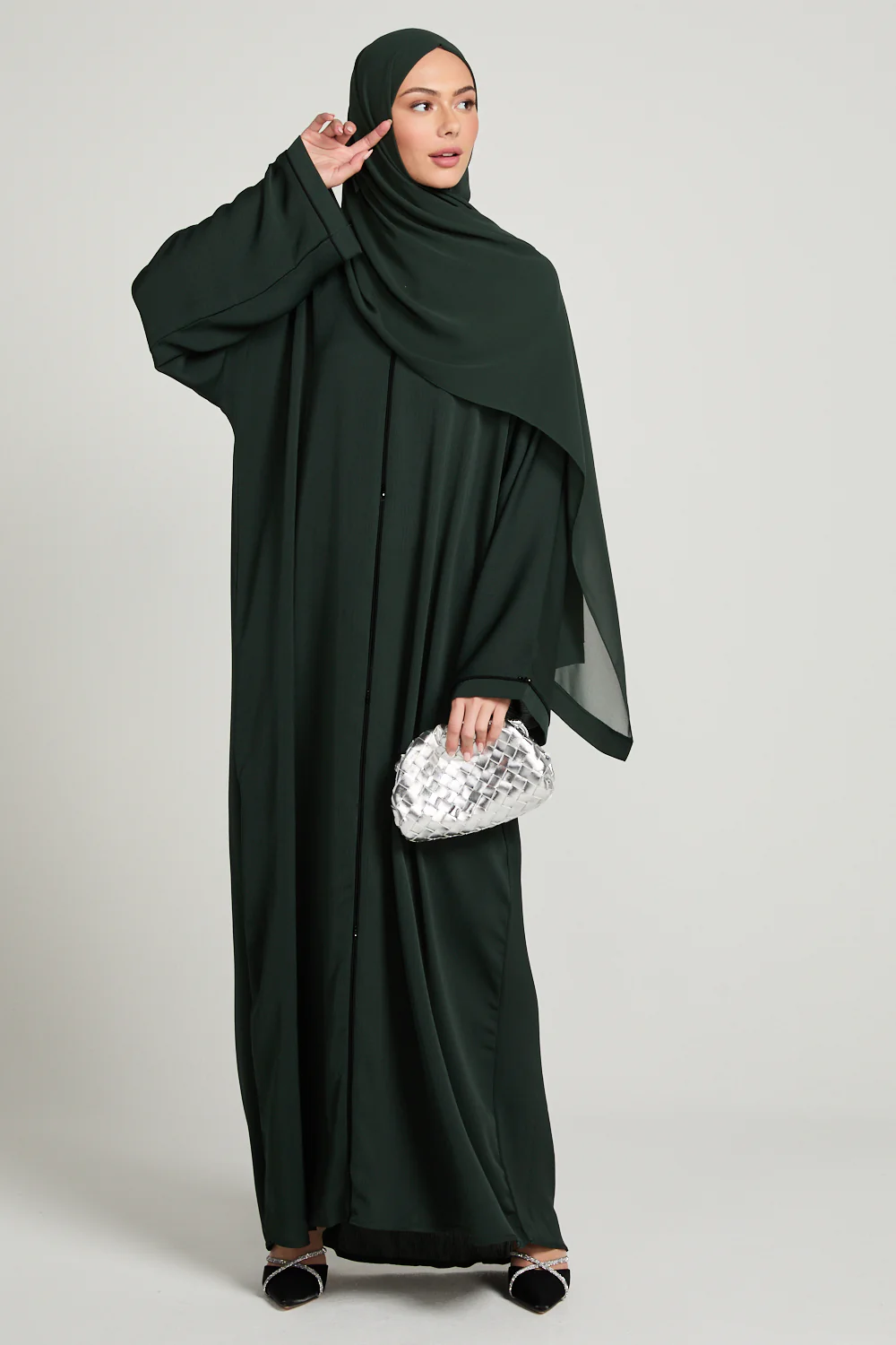 Closed Textured Abaya with Dainty Detailing - Forest Green - Image 5
