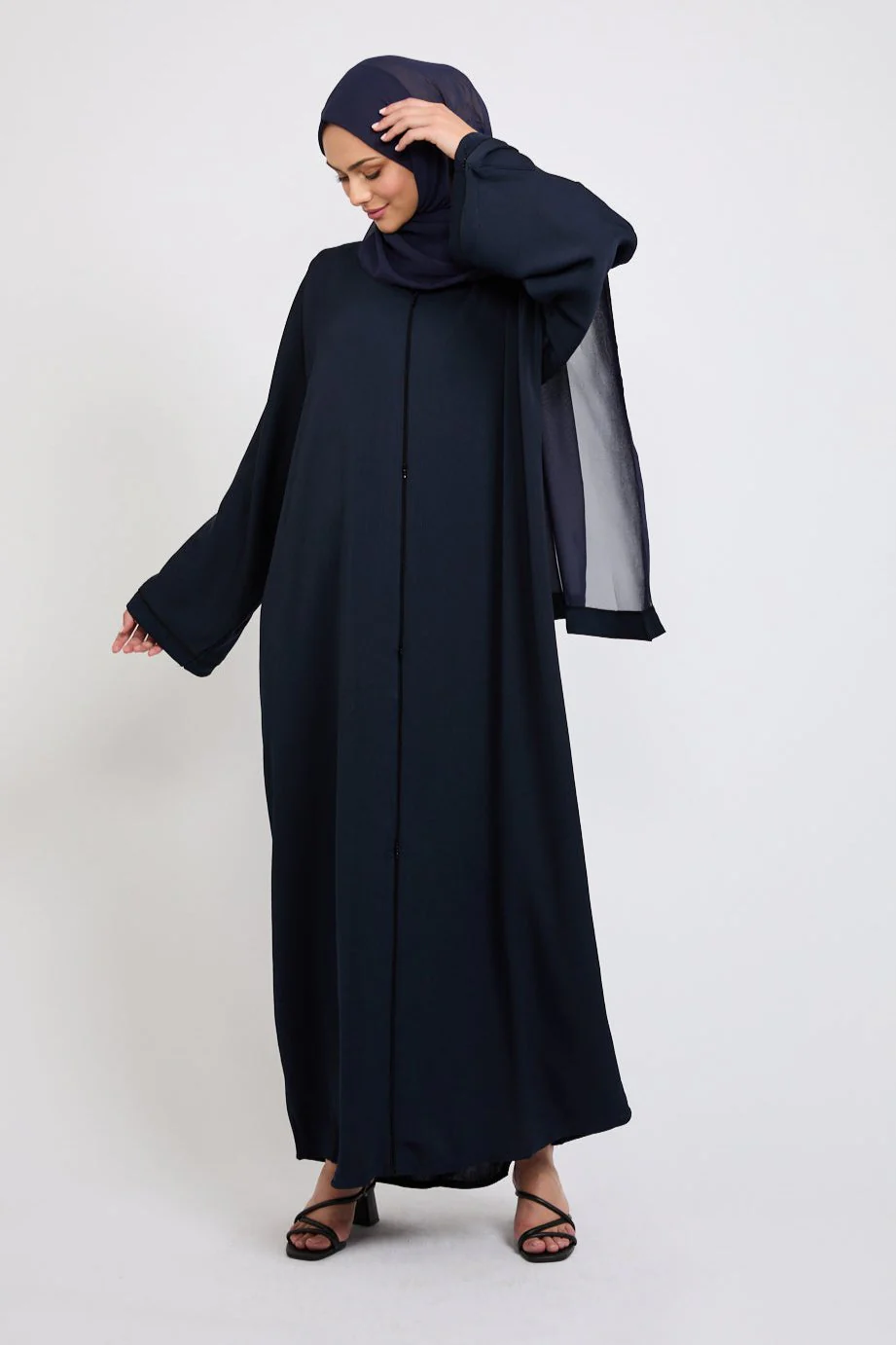 Closed Textured Abaya with Dainty Detailing - Navy - Image 3