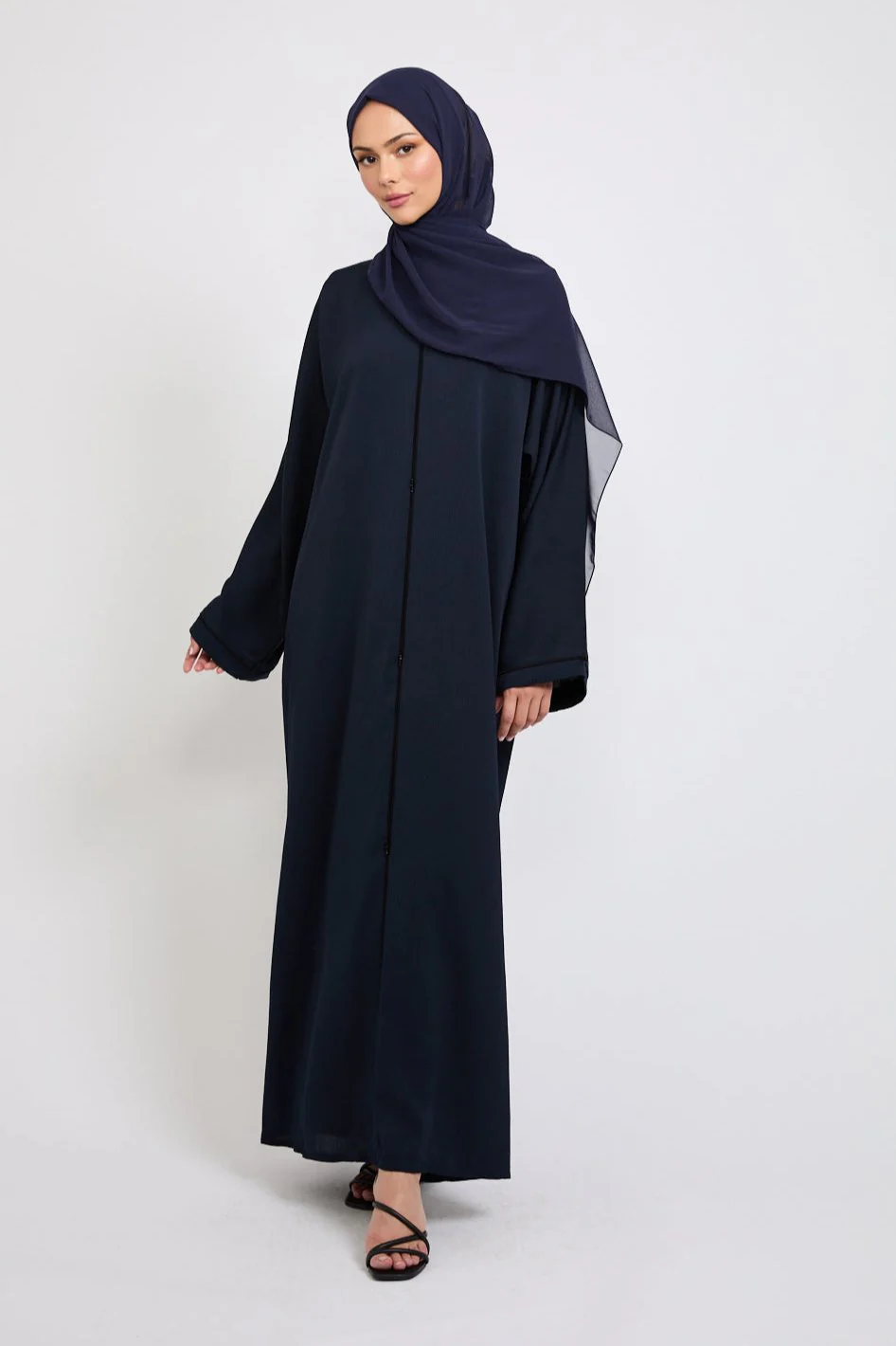 Closed Textured Abaya with Dainty Detailing - Navy - Image 5