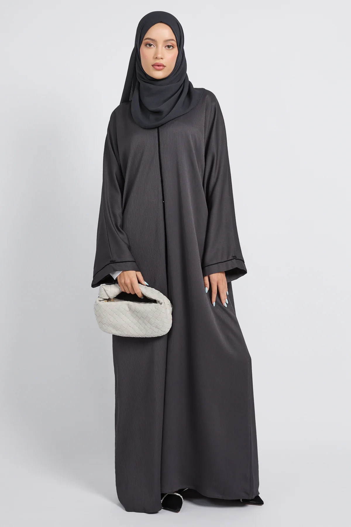 Closed Textured Abaya with Dainty Detailing - Smoked Charcoal