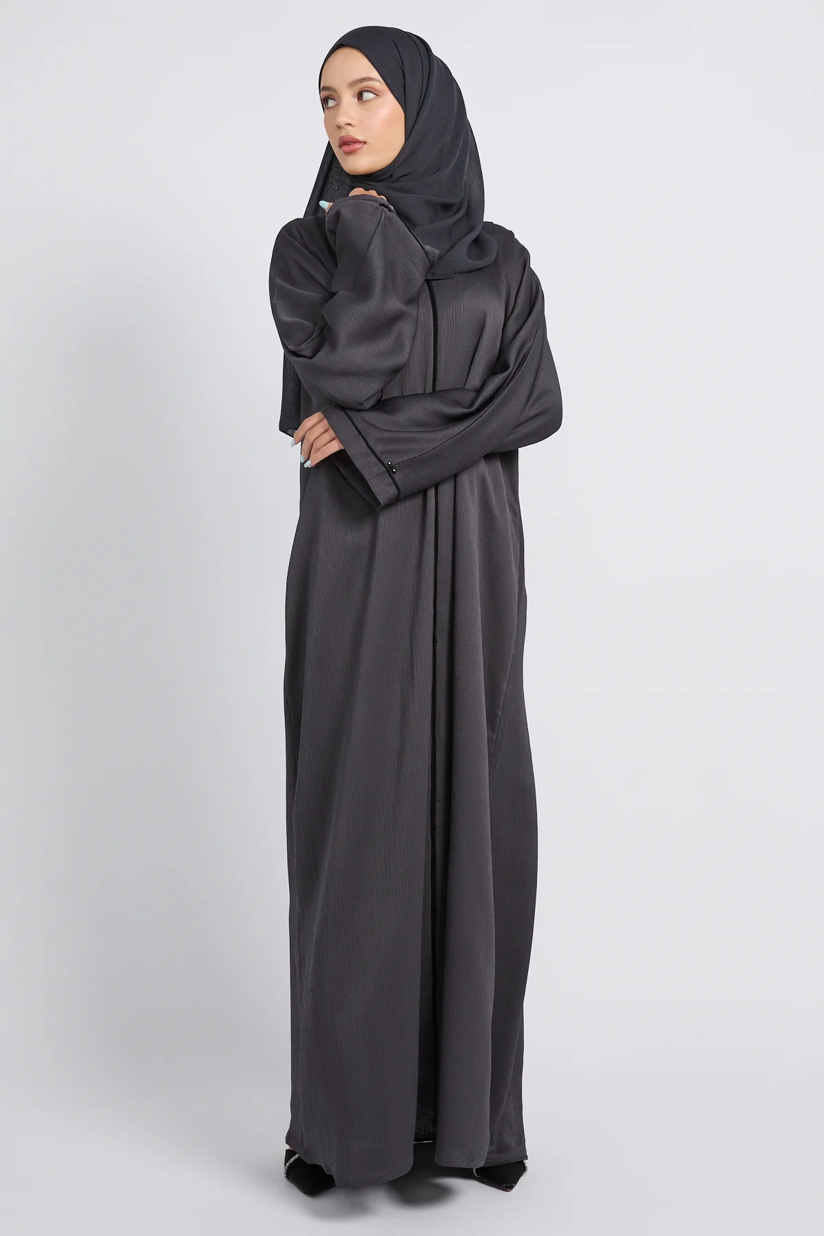 Closed Textured Abaya with Dainty Detailing - Smoked Charcoal - Image 6