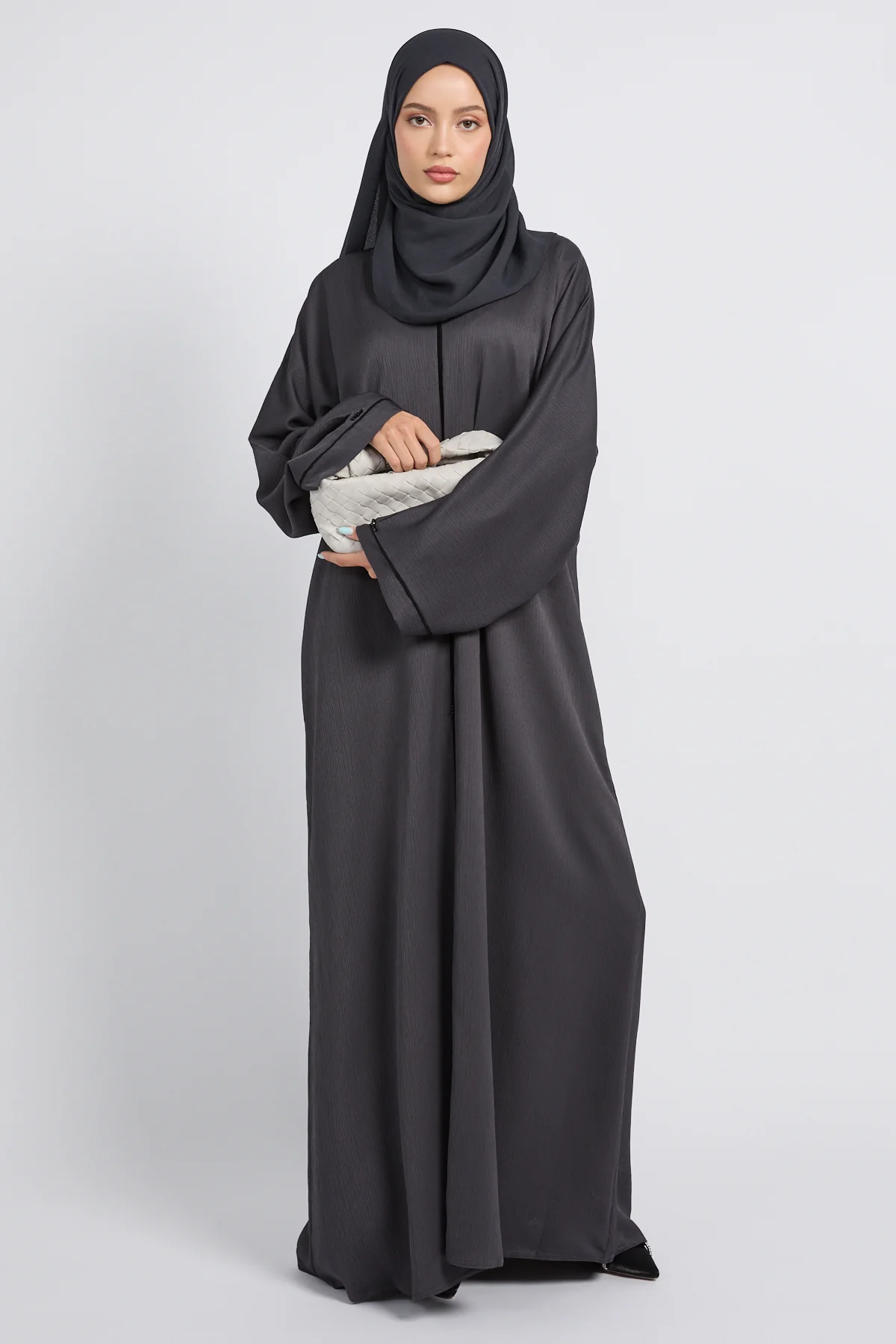 Closed Textured Abaya with Dainty Detailing - Smoked Charcoal - Image 7