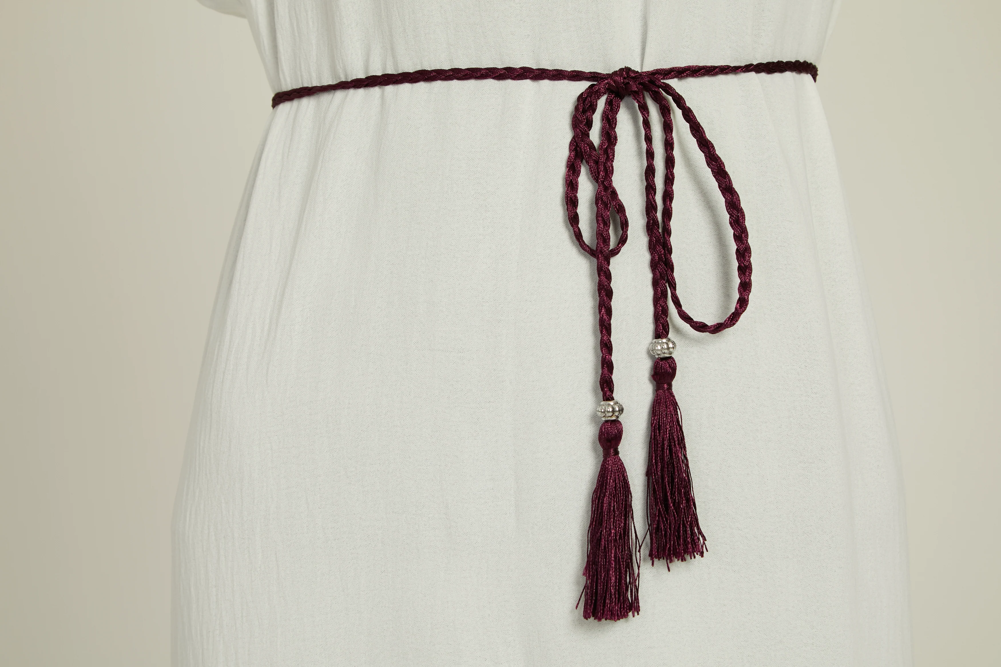 Deep Plum Slim Plaited Rope Tassel Belt