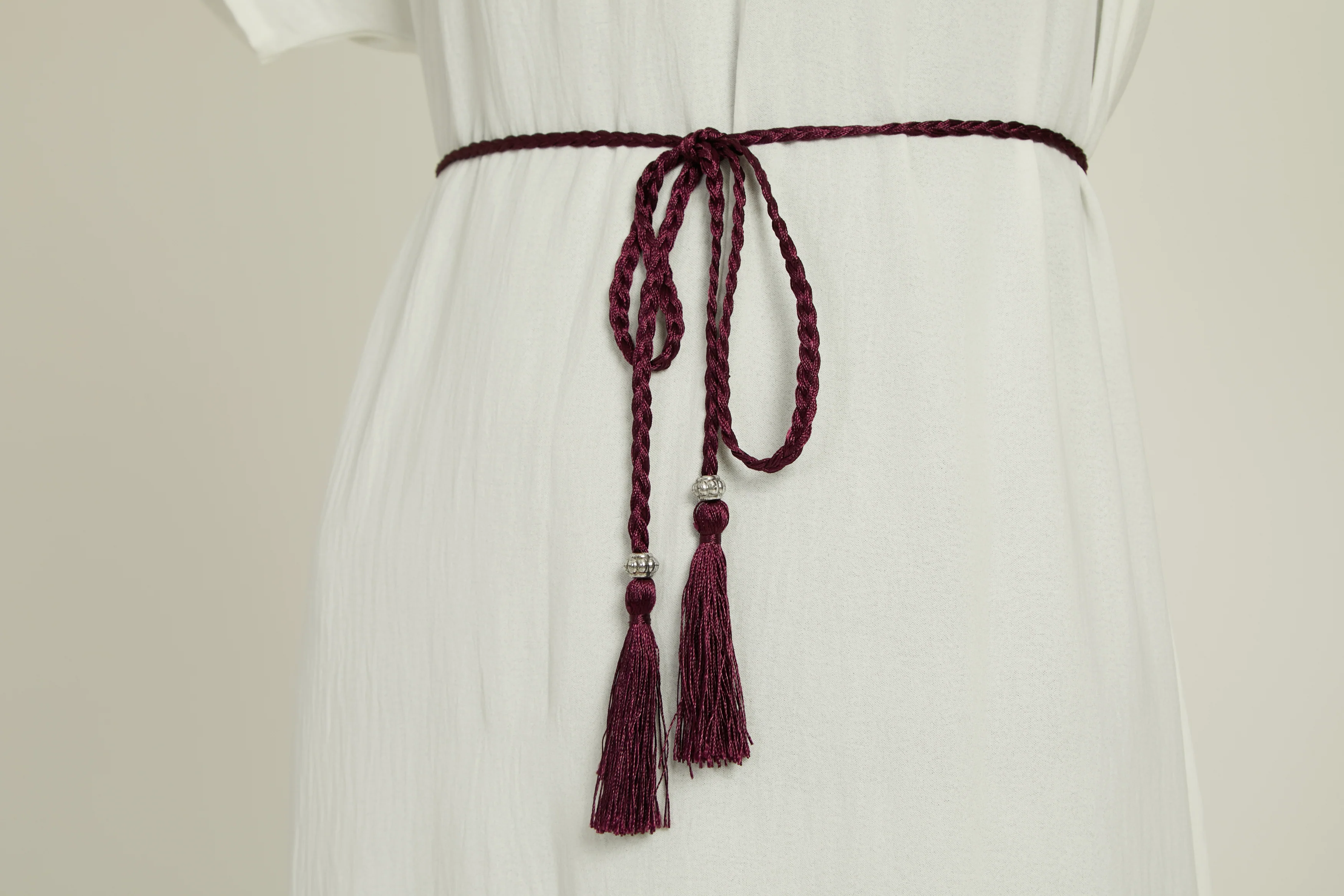 Deep Plum Slim Plaited Rope Tassel Belt - Image 2
