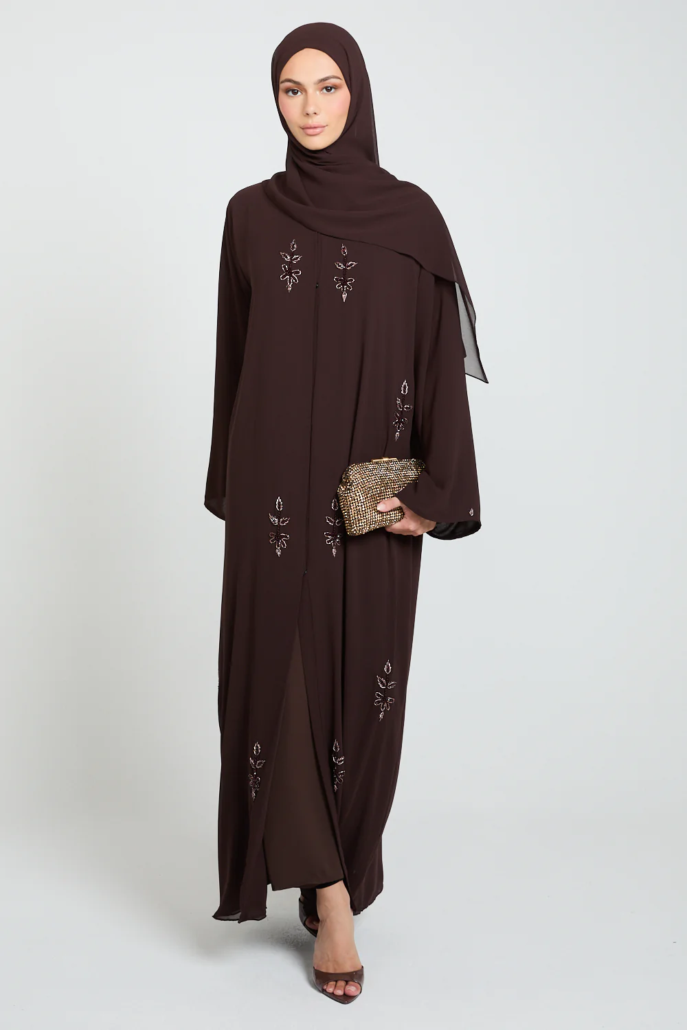 Dusky Petal Embellished Chiffon Open Abaya - Mahogany Rouge - Image 6