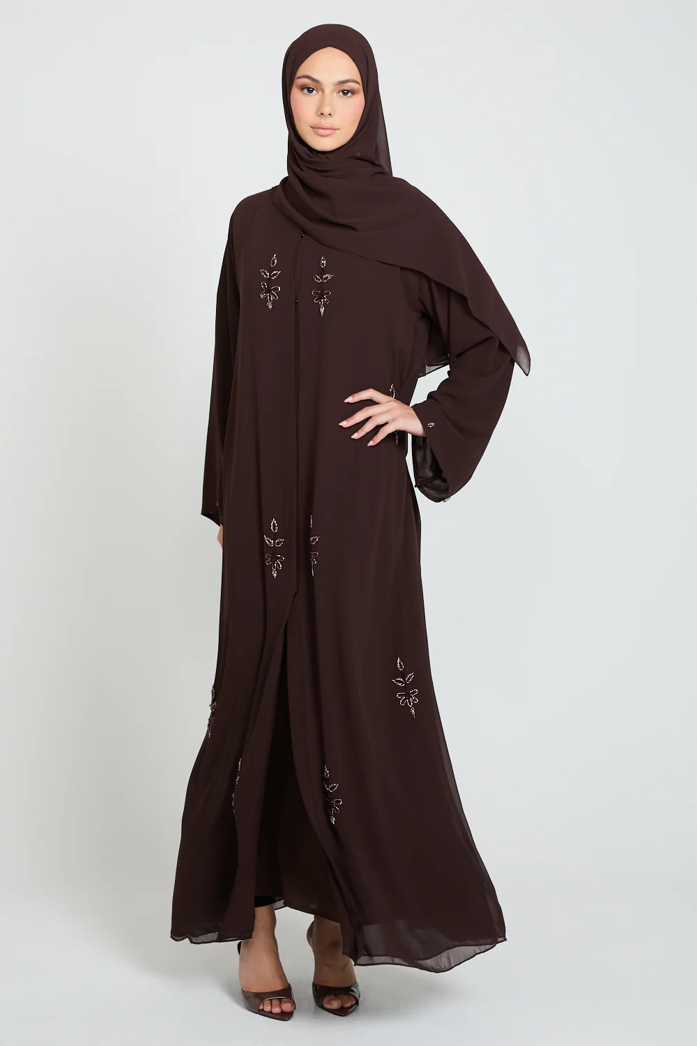 Dusky Petal Embellished Chiffon Open Abaya - Mahogany Rouge - Image 7