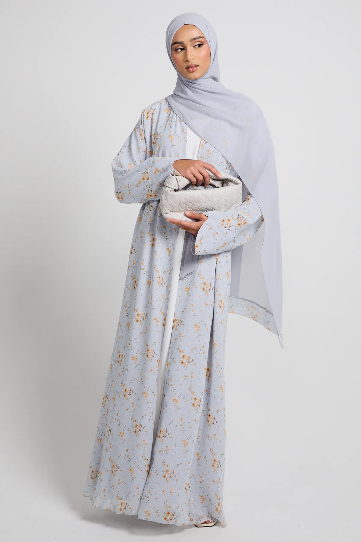 Dusty Blue Meadow Chiffon Open Abaya - LIMITED EDITION