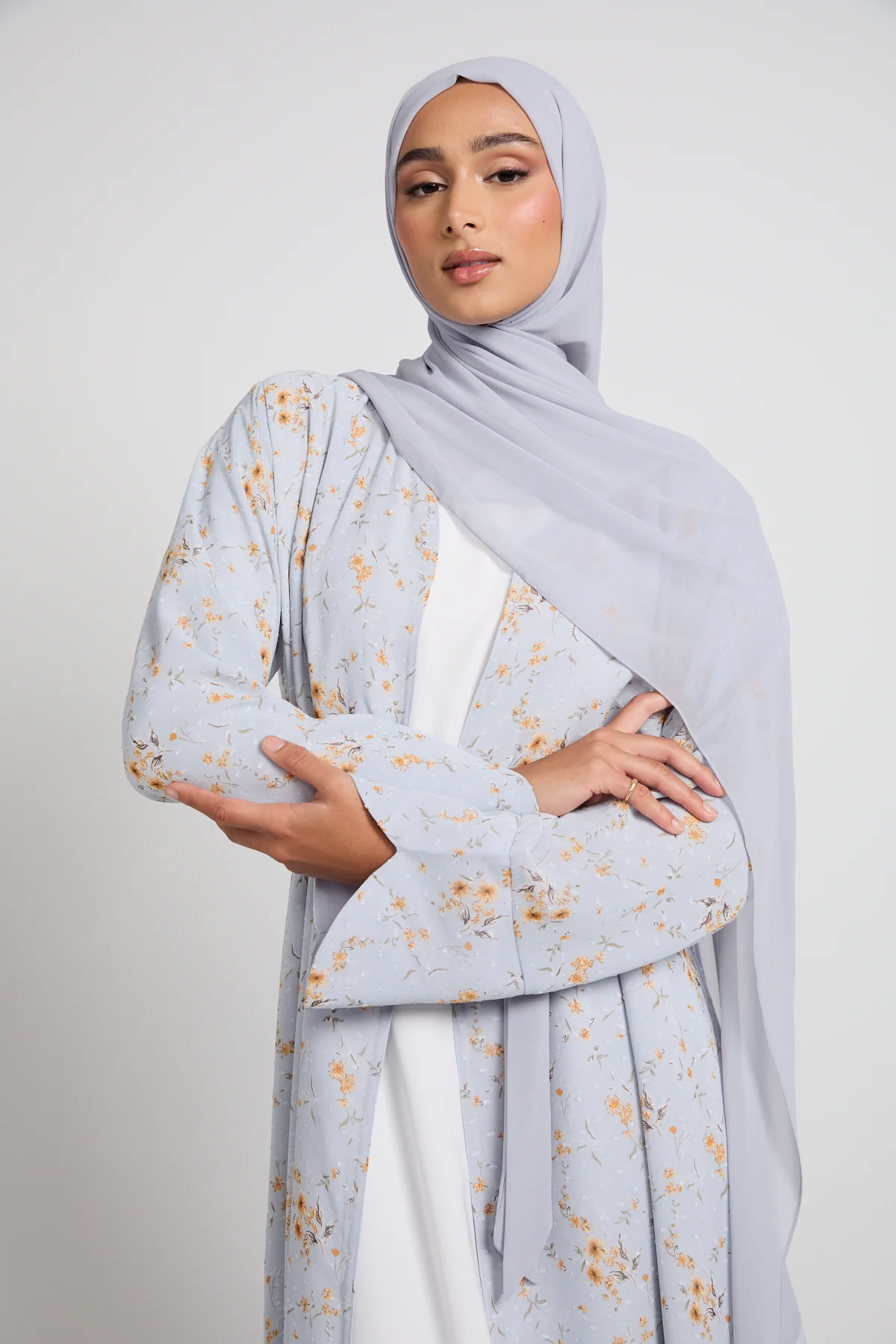 Dusty Blue Meadow Chiffon Open Abaya - LIMITED EDITION - Image 2