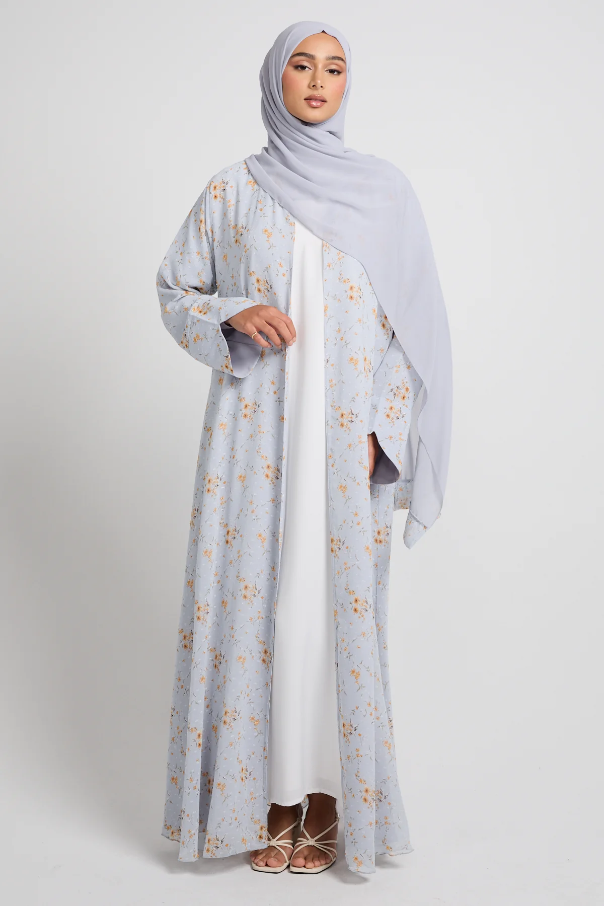 Dusty Blue Meadow Chiffon Open Abaya - LIMITED EDITION - Image 3