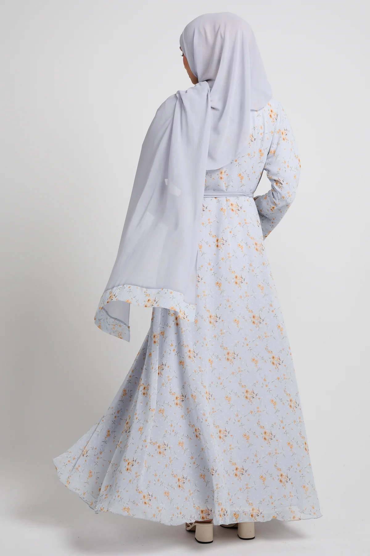 Dusty Blue Meadow Chiffon Open Abaya - LIMITED EDITION - Image 4