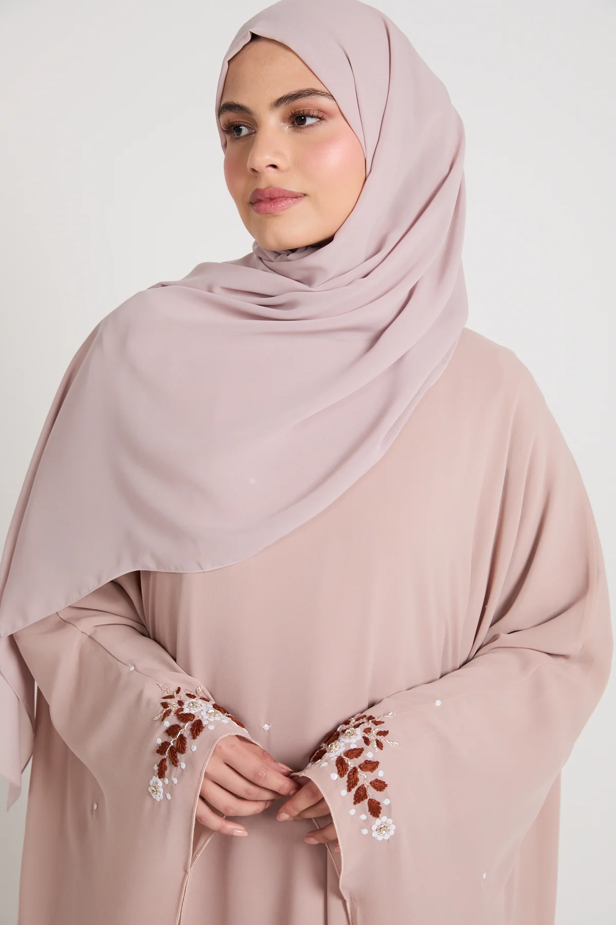 Embroidered Chiffon Overlay Butterfly Cut Closed Abaya – Blush Nude - Image 2