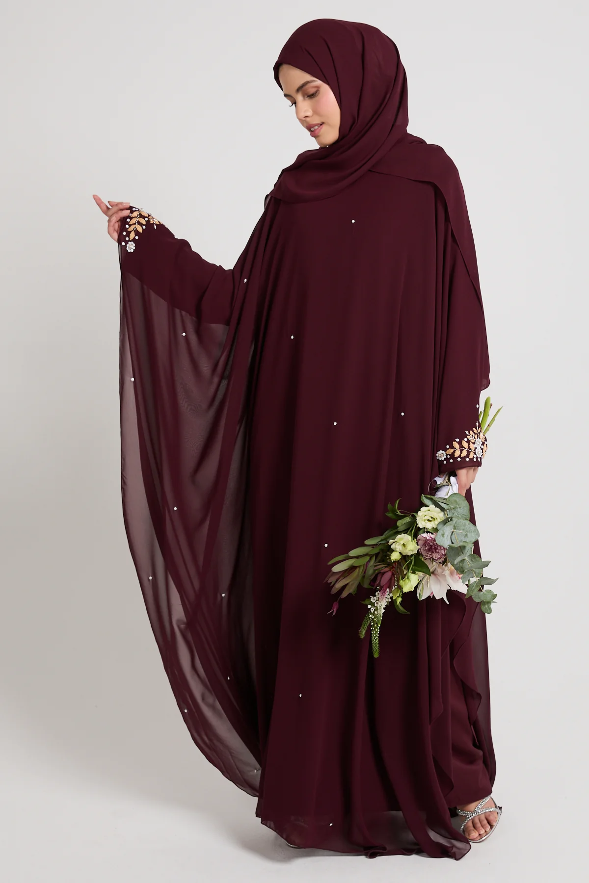 Embroidered Chiffon Overlay Butterfly Cut Closed Abaya – Royal Burgundy
