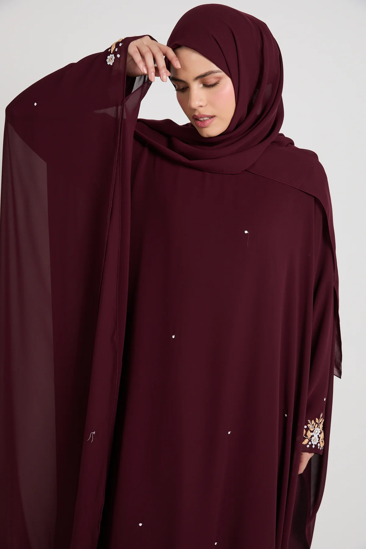 Embroidered Chiffon Overlay Butterfly Cut Closed Abaya – Royal Burgundy - Image 2
