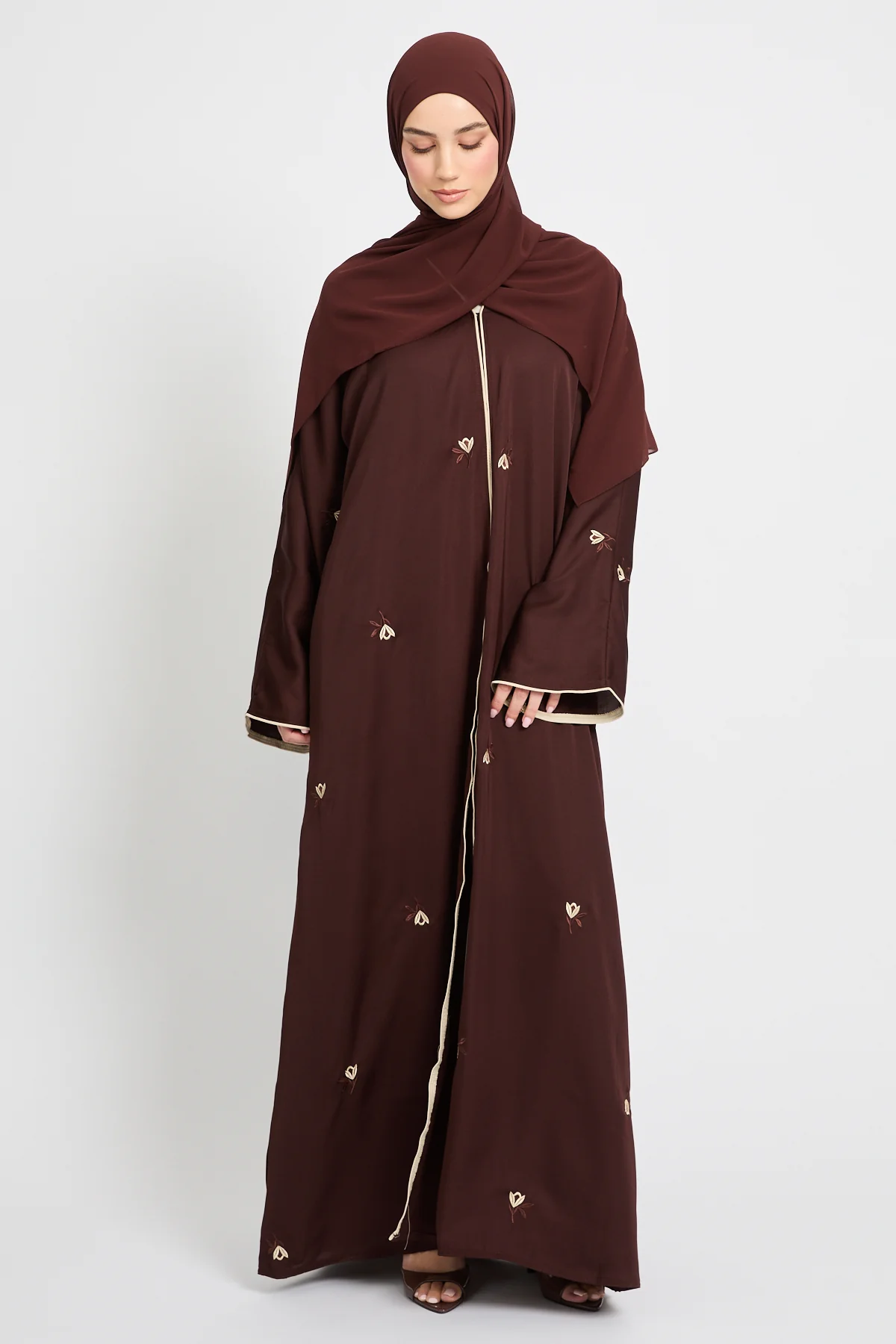 Espresso Noir Embroidered Open Abaya - Image 9