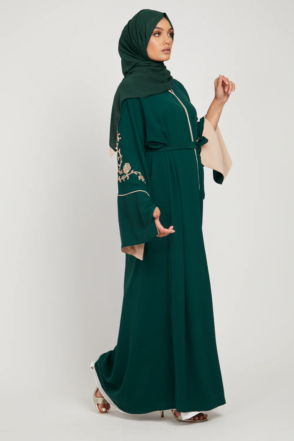 Floral Embellished Contrast Cuff Open Abaya - Emerald Green - Image 3