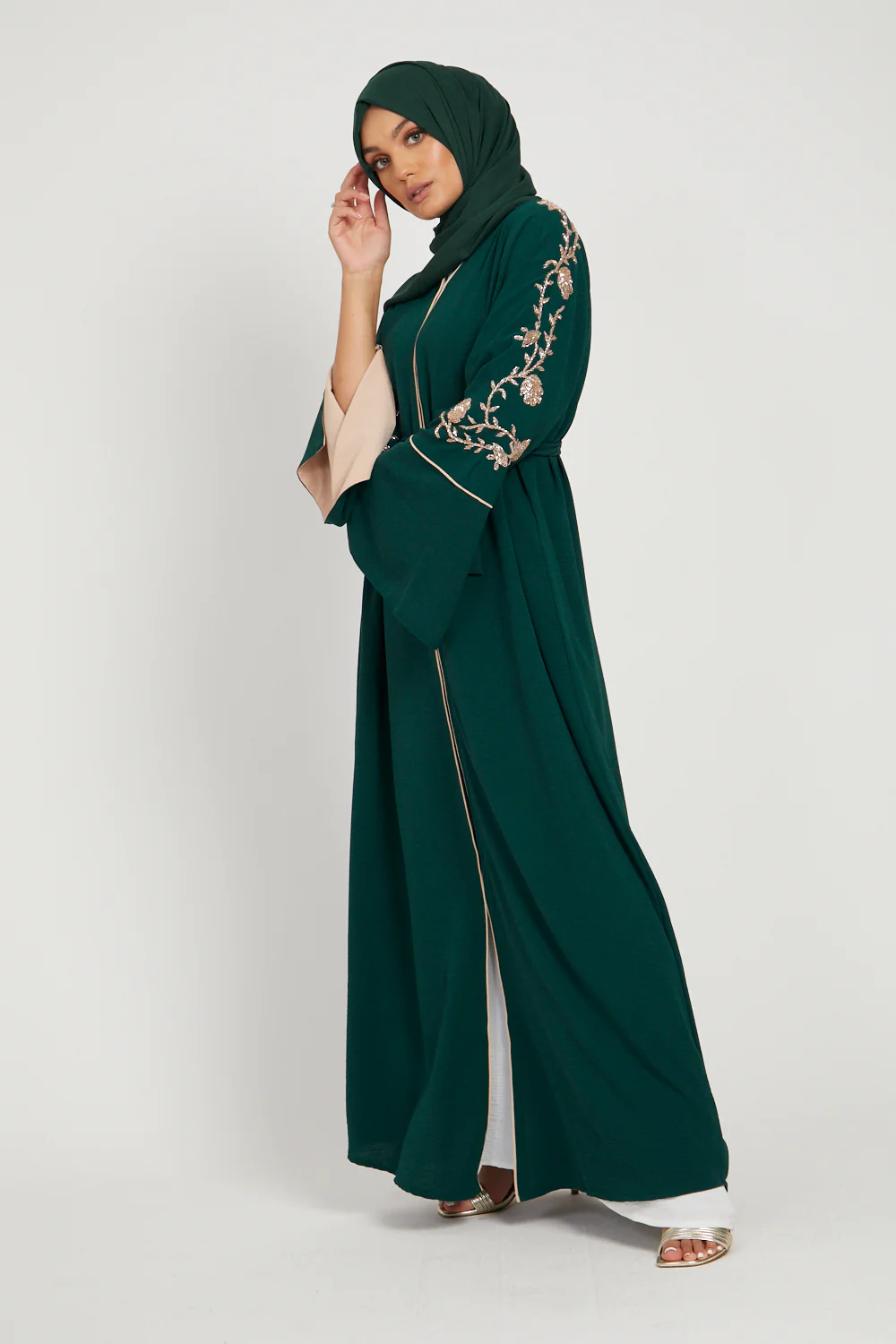 Floral Embellished Contrast Cuff Open Abaya - Emerald Green - Image 5
