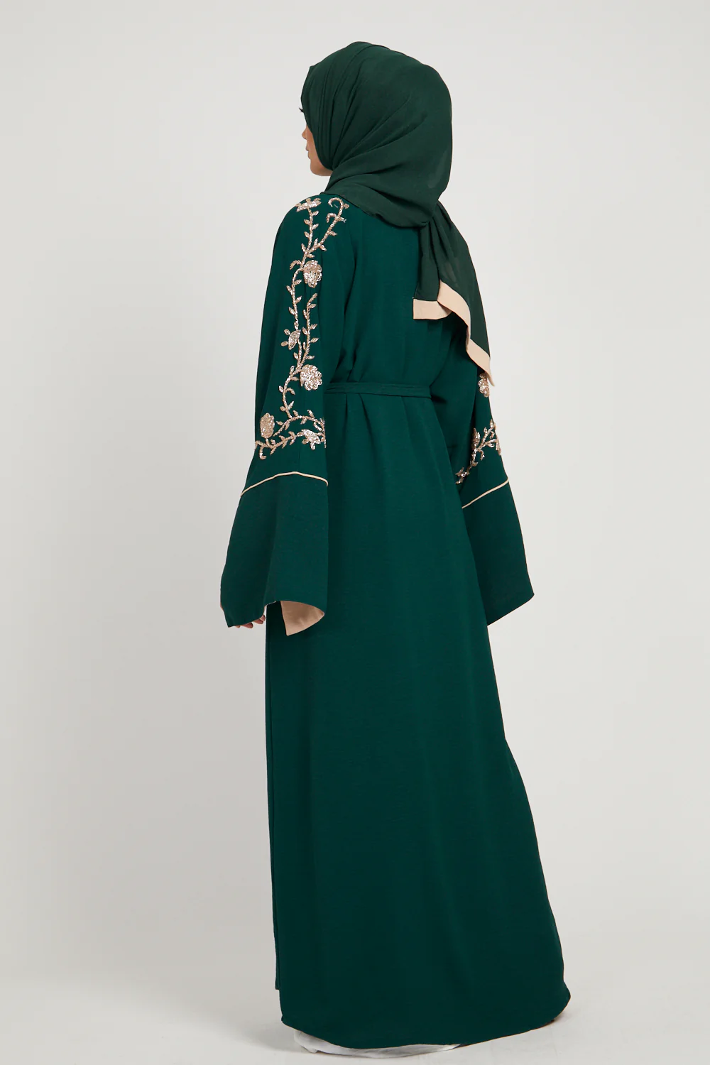Floral Embellished Contrast Cuff Open Abaya - Emerald Green - Image 6