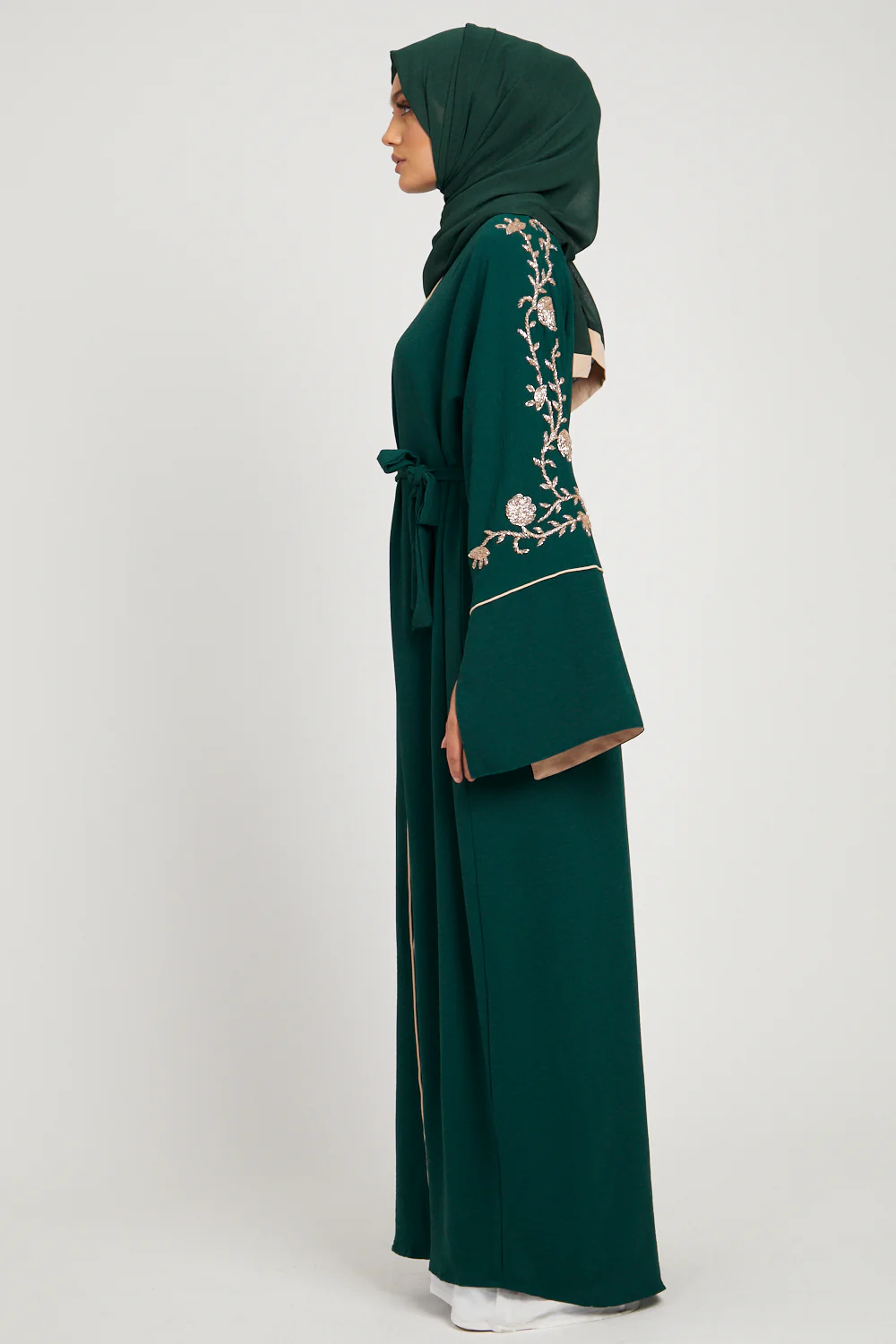 Floral Embellished Contrast Cuff Open Abaya - Emerald Green - Image 7