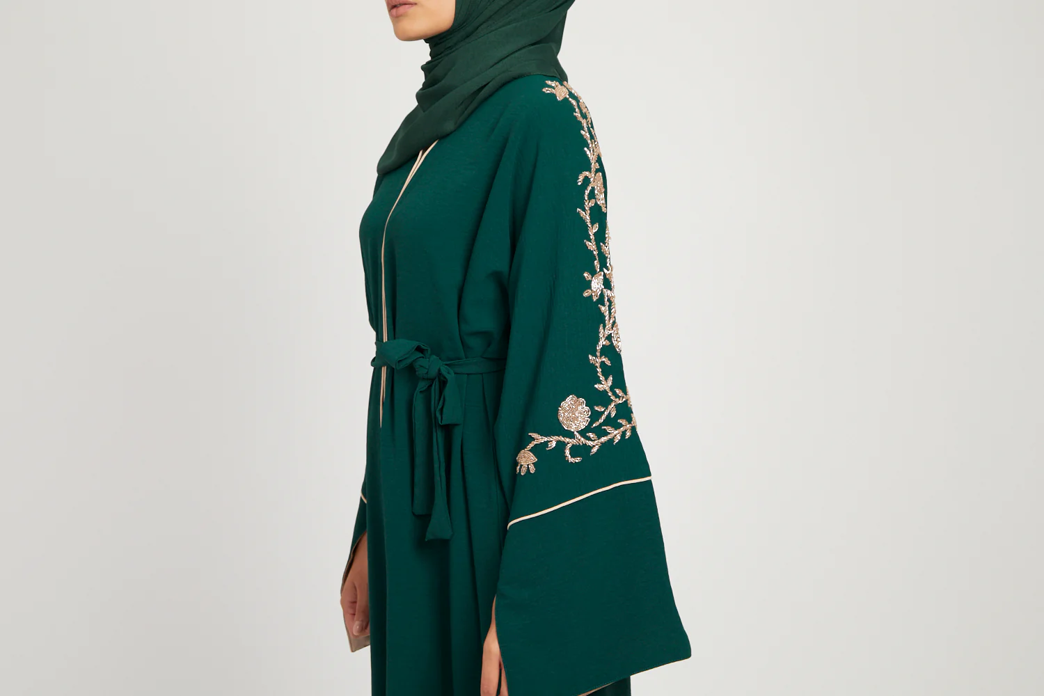 Floral Embellished Contrast Cuff Open Abaya - Emerald Green - Image 8