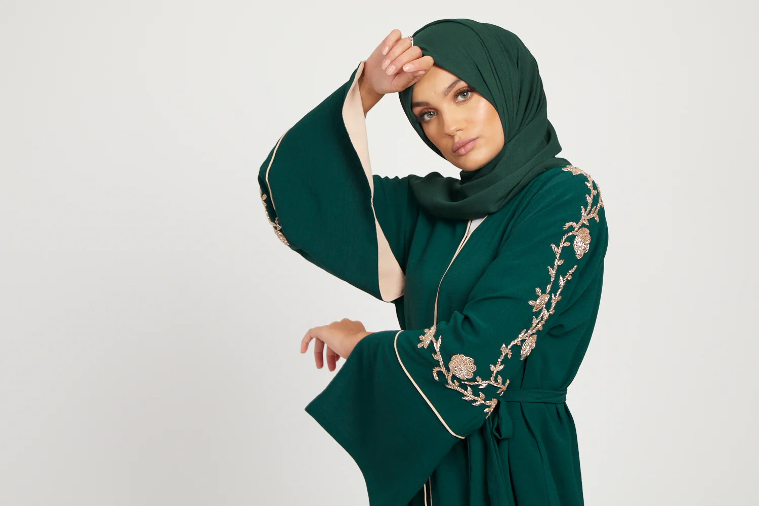 Floral Embellished Contrast Cuff Open Abaya - Emerald Green - Image 9