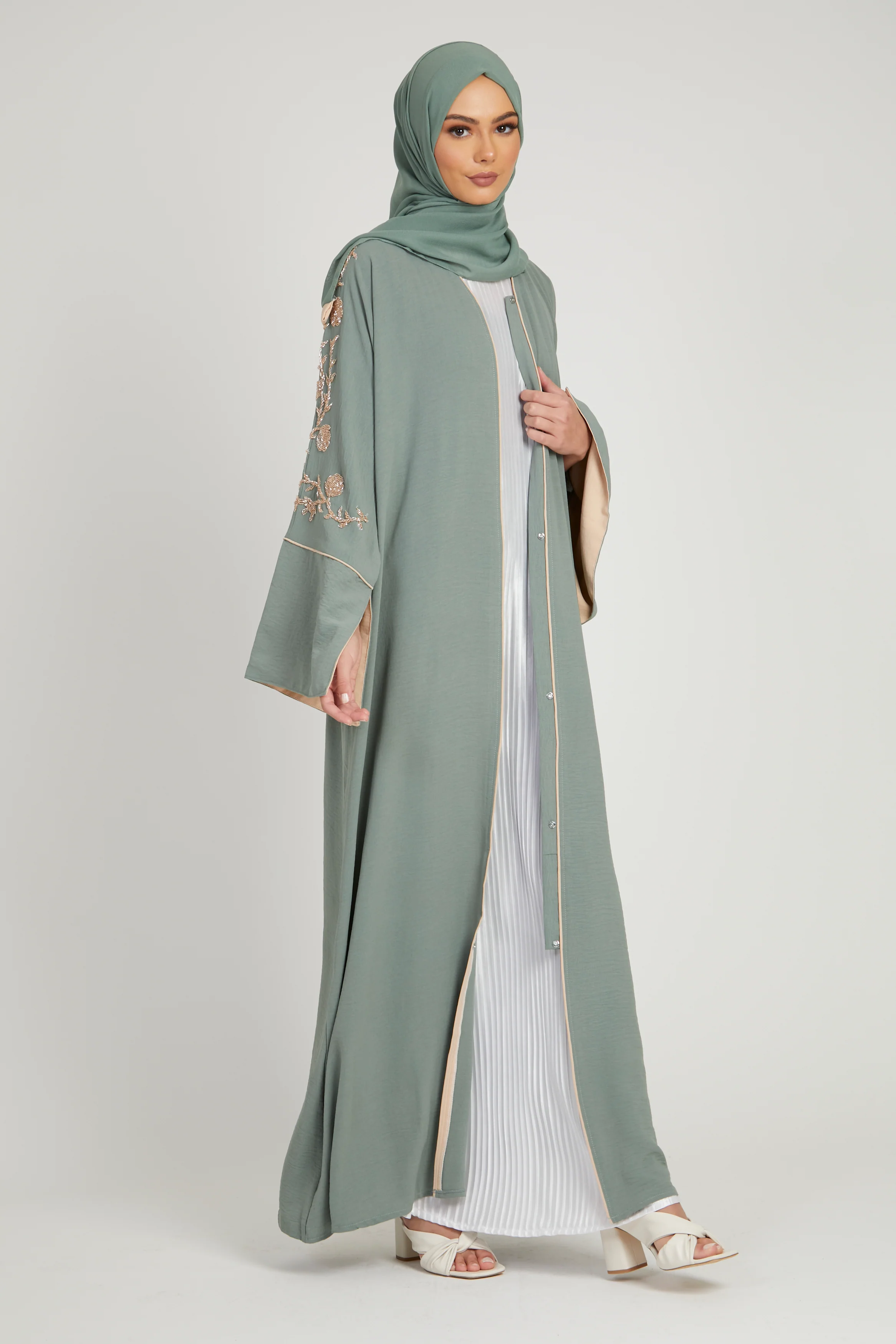 Floral Embellished Contrast Cuff Open Abaya - Sage - Image 3