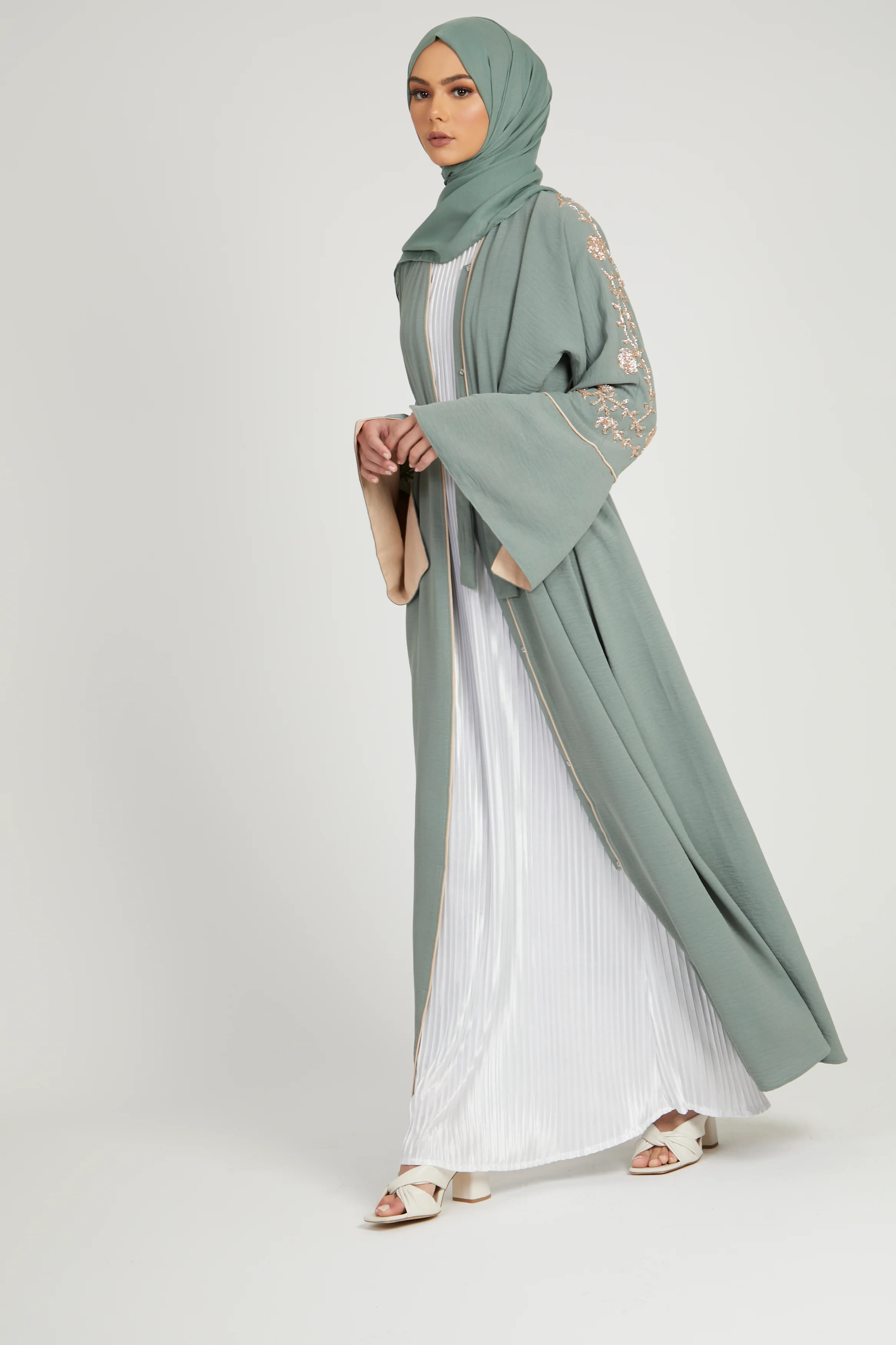 Floral Embellished Contrast Cuff Open Abaya - Sage - Image 4