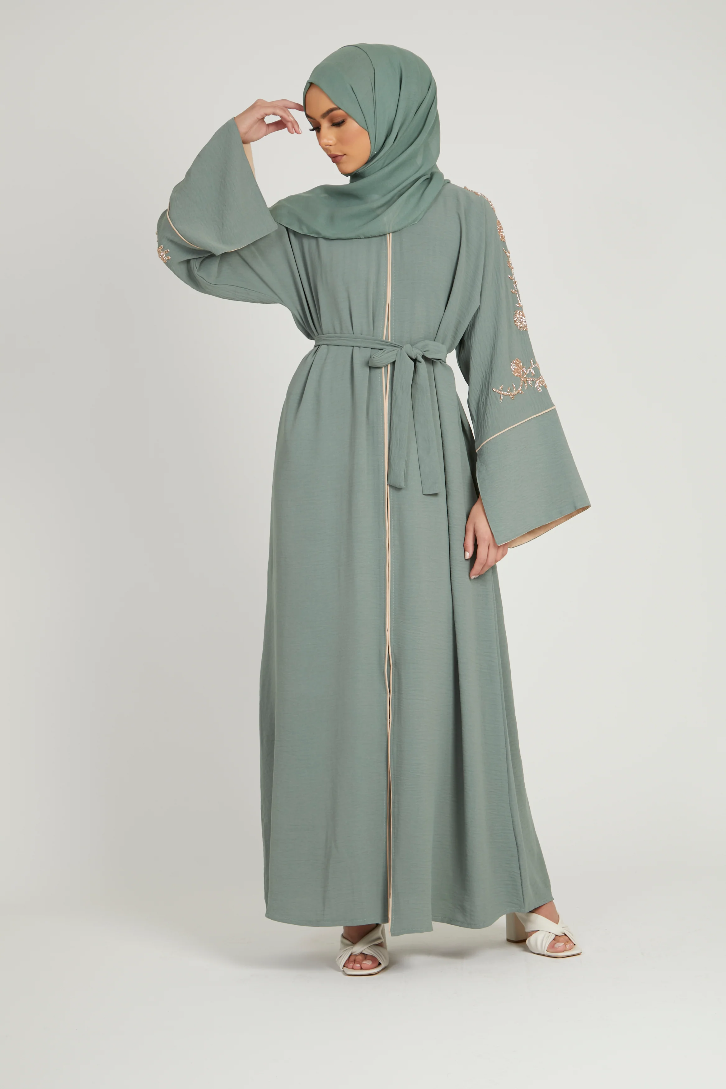 Floral Embellished Contrast Cuff Open Abaya - Sage - Image 5