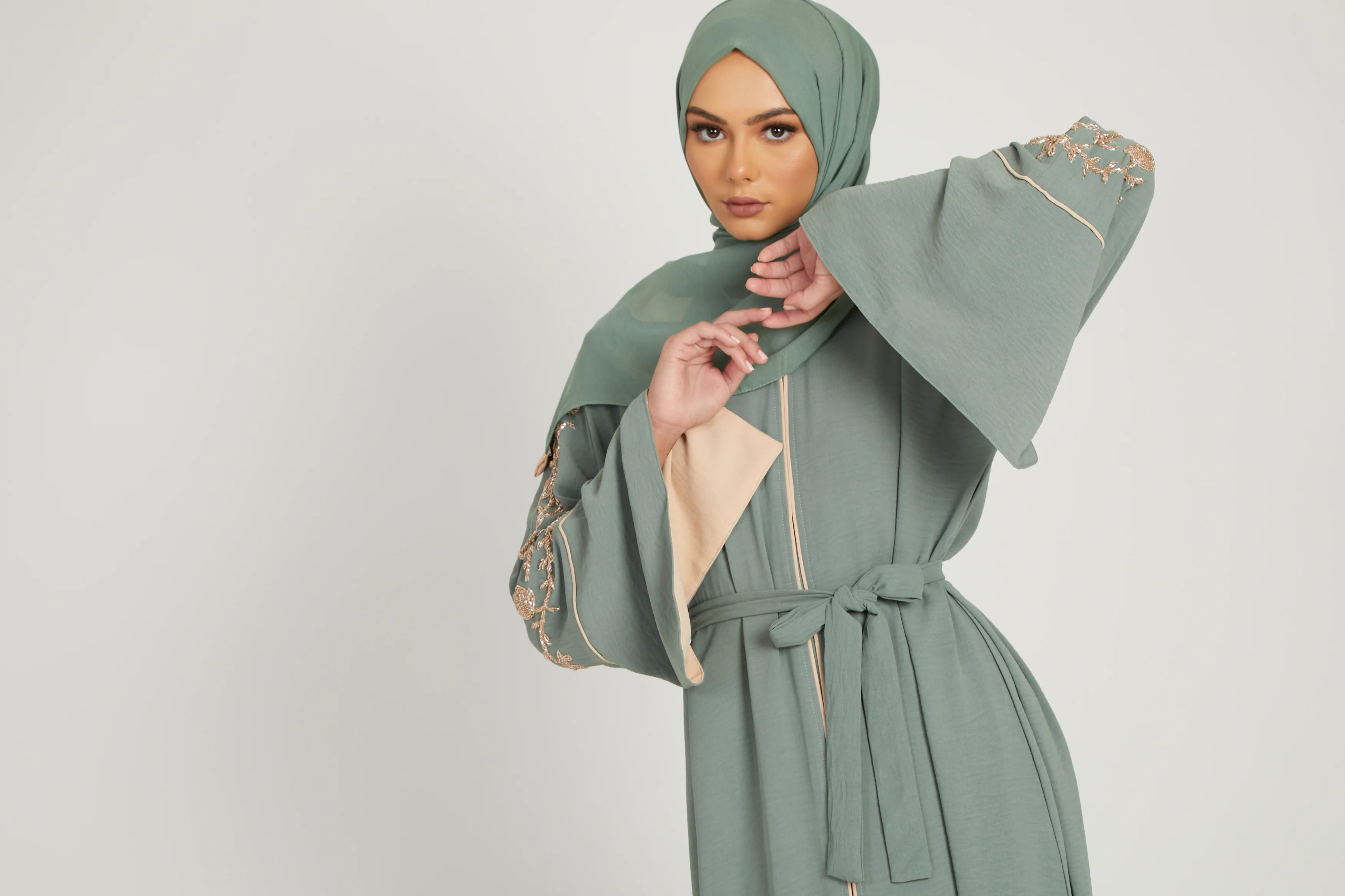 Floral Embellished Contrast Cuff Open Abaya - Sage - Image 9