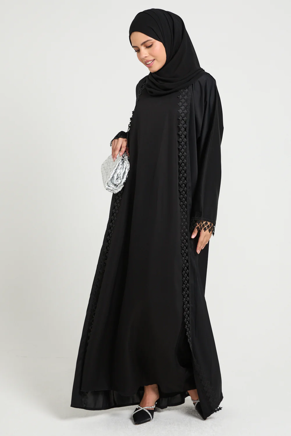 Four Piece Heirloom Lace Detailed Open Abaya Set - Black - Image 3