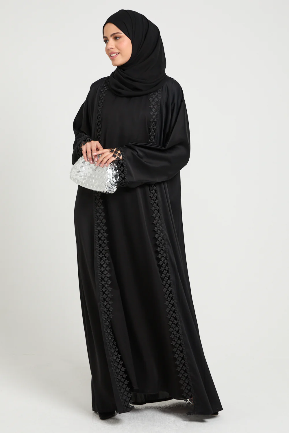 Four Piece Heirloom Lace Detailed Open Abaya Set - Black - Image 9