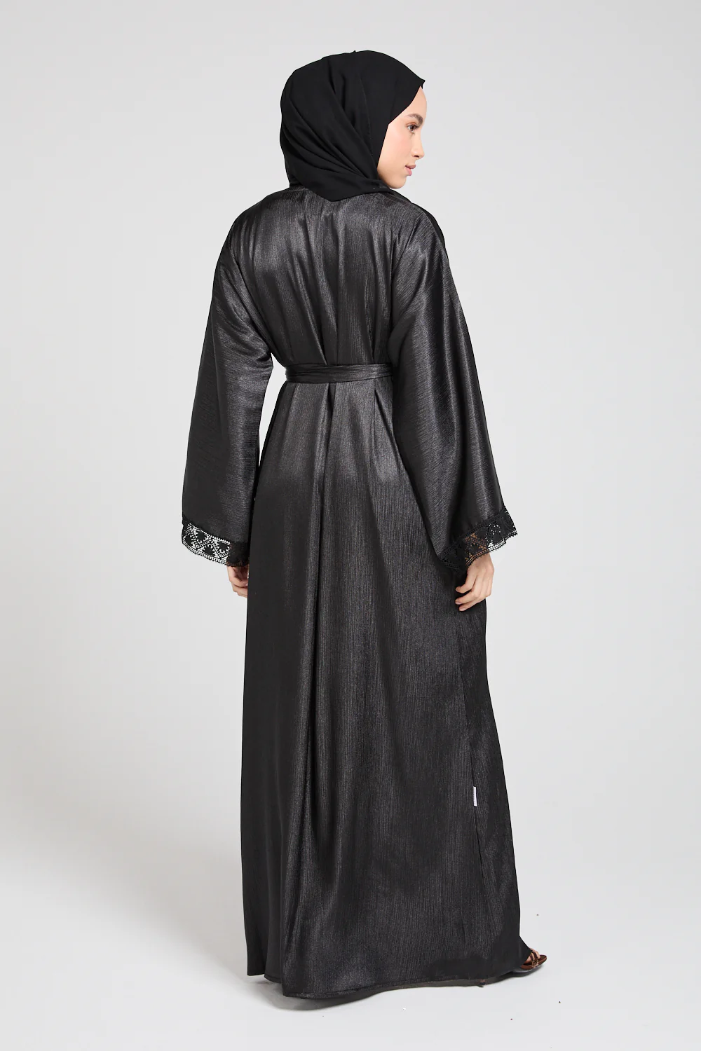 Four Piece Open Abaya Set With Lace Detailing - Black - Image 10