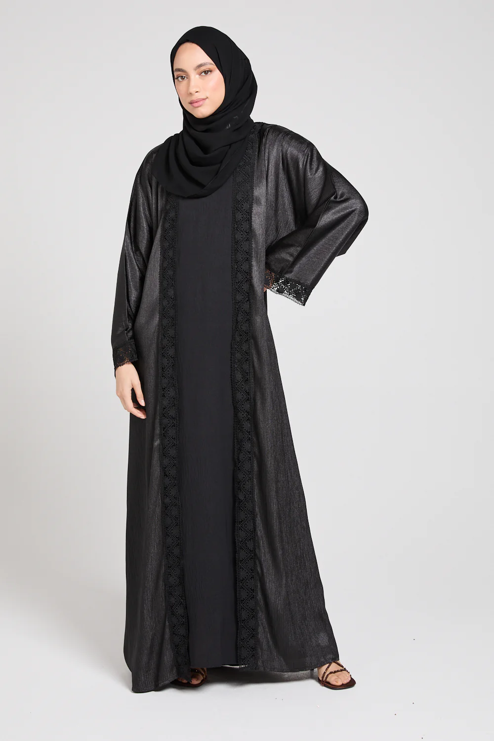 Four Piece Open Abaya Set With Lace Detailing - Black - Image 3