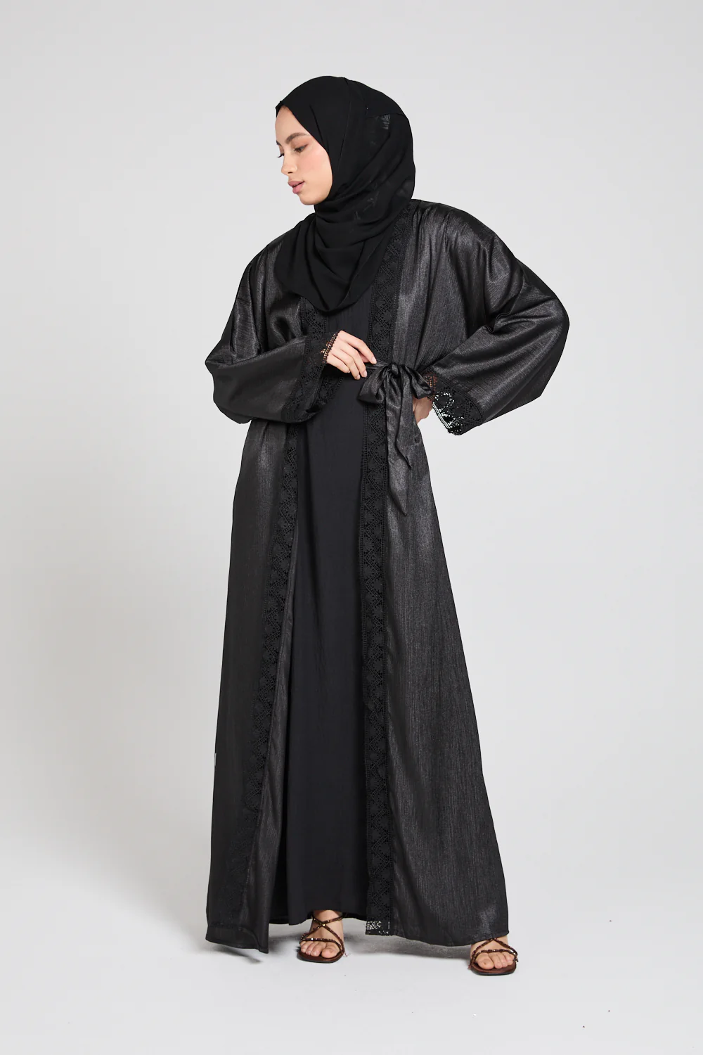 Four Piece Open Abaya Set With Lace Detailing - Black - Image 4
