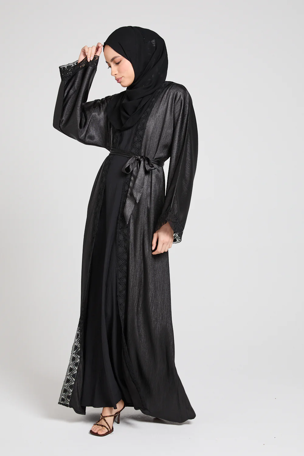 Four Piece Open Abaya Set With Lace Detailing - Black - Image 6