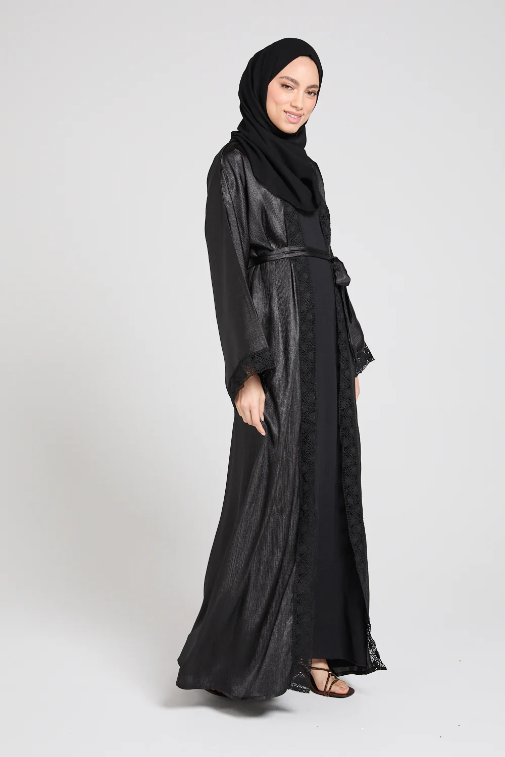 Four Piece Open Abaya Set With Lace Detailing - Black - Image 7