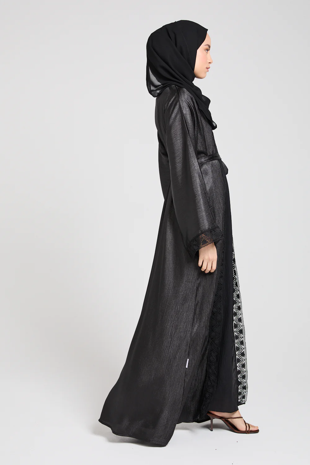 Four Piece Open Abaya Set With Lace Detailing - Black - Image 9