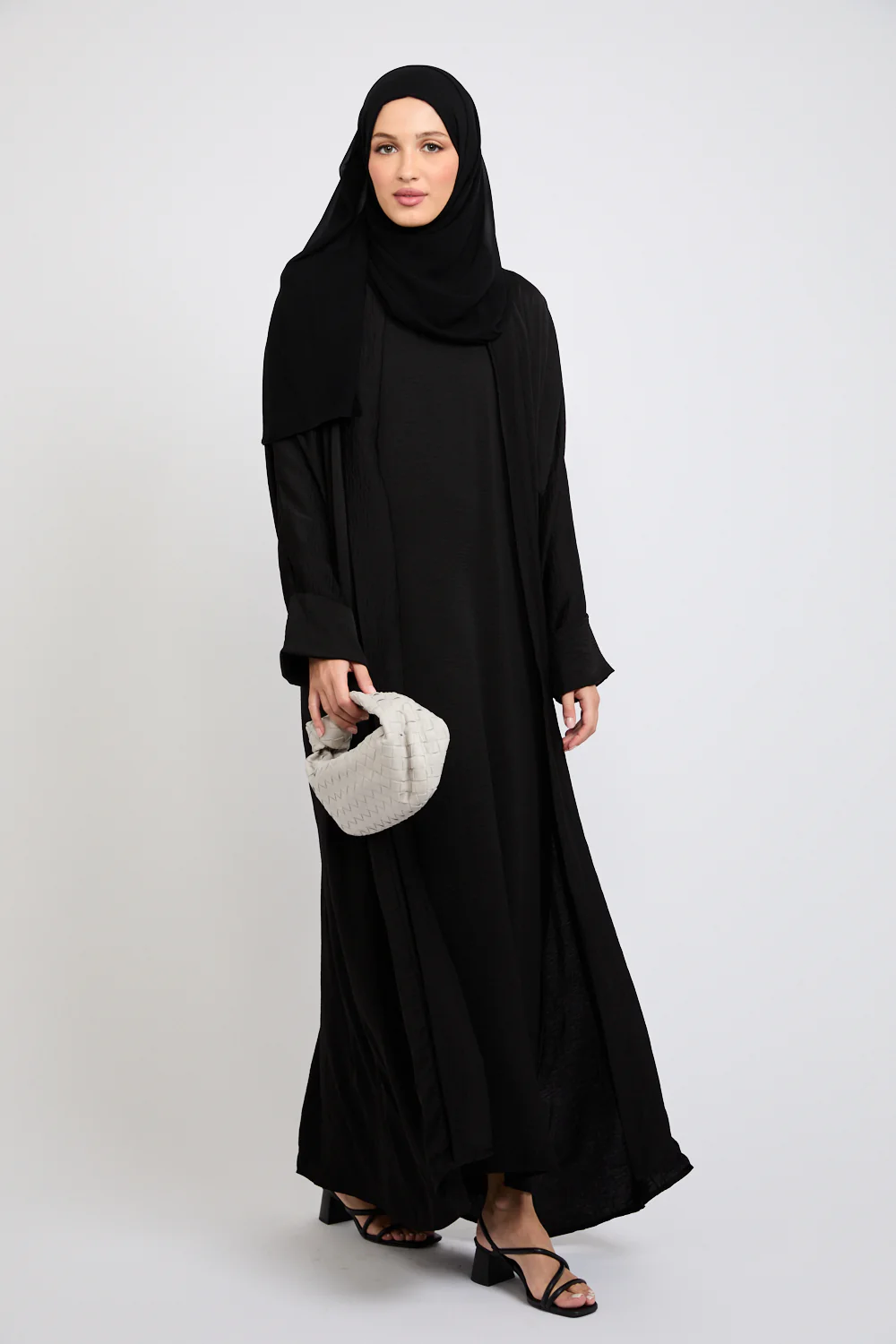Four Piece Soft Sheen Open Abaya Set - Black