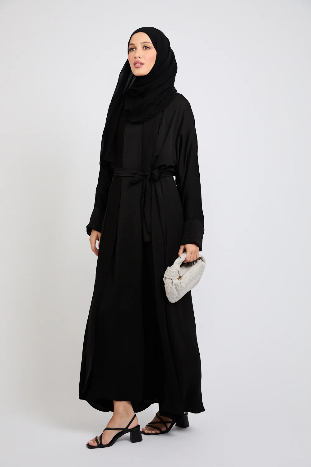 Four Piece Soft Sheen Open Abaya Set - Black - Image 3