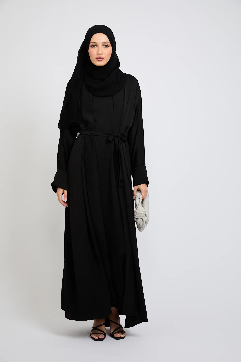 Four Piece Soft Sheen Open Abaya Set - Black - Image 4